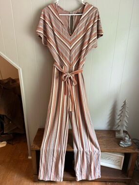 Crystal Doll Striped V-Neck Belted Jumpsuit in Rust & Cream with Blue Accents